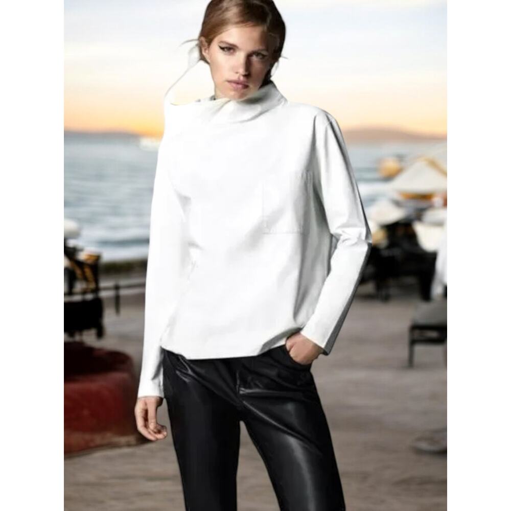 NWT Zara Faux Leather Top Medium LATTE TAUPE BLOGGERS FAVORITE MSRP  $128
